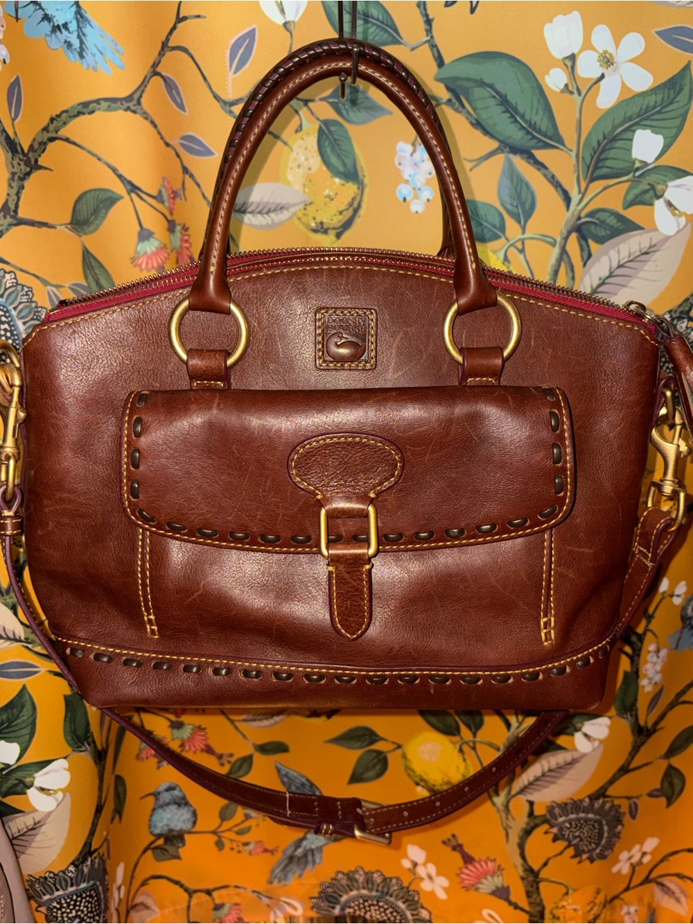 Dooney & Bourke Chestnut Brown Florentine Leather Whipstitch Satchel Bag